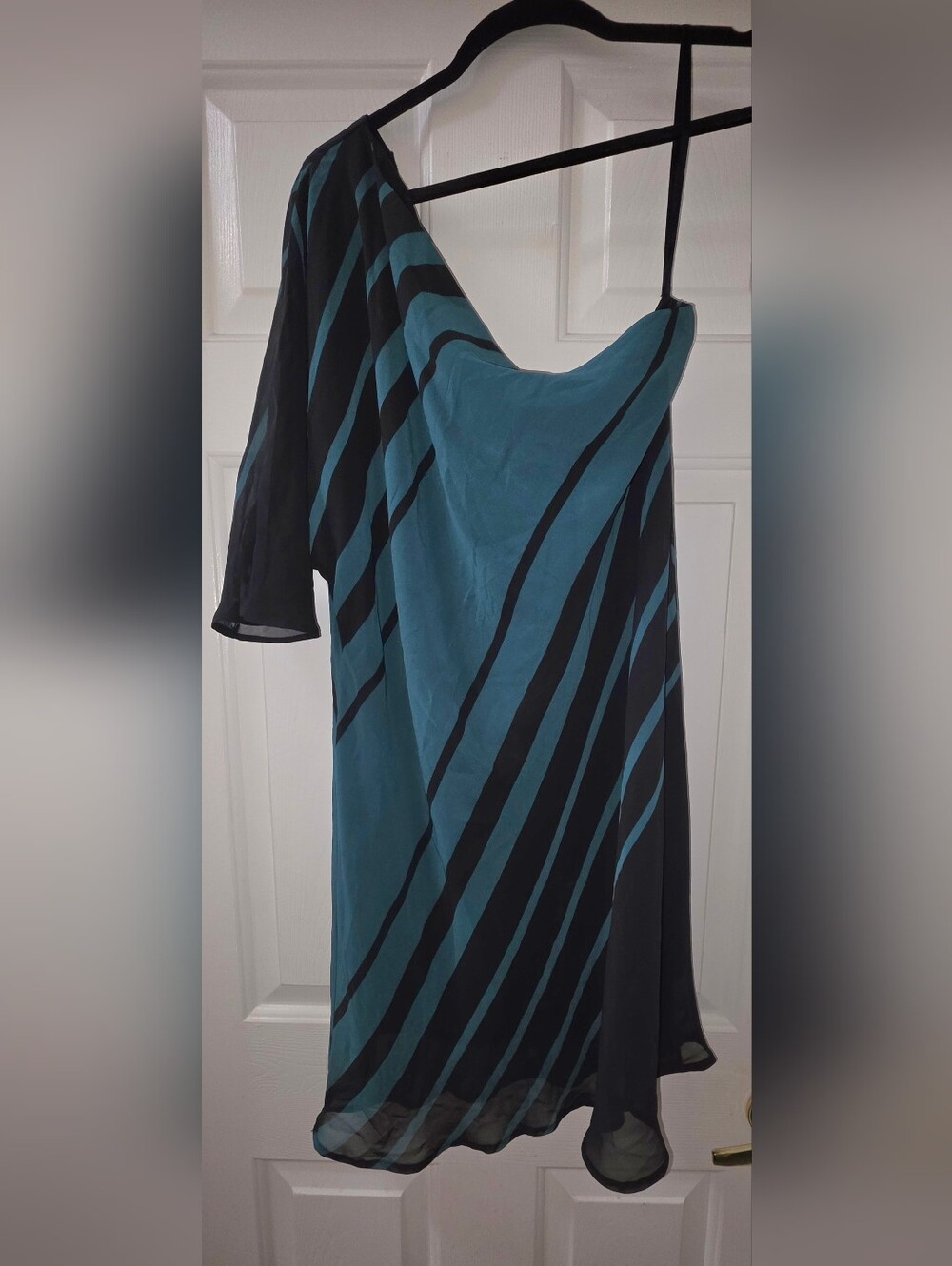 Eva Mendes Teal and Black One-Shoulder Slip Dress